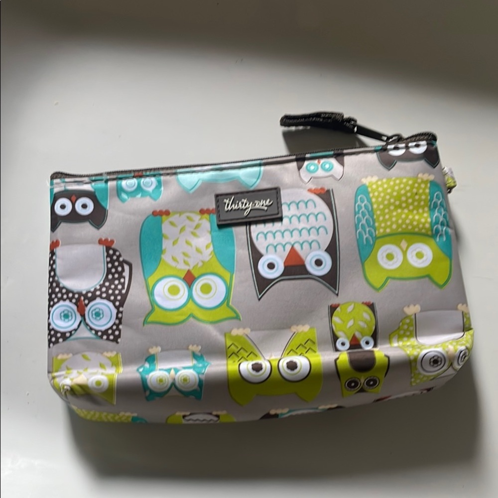 Thirty-One Owl Pattern Pouch in Green and Gray